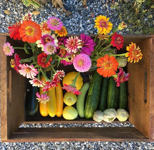A wooden crate of garden vegetables and flowers